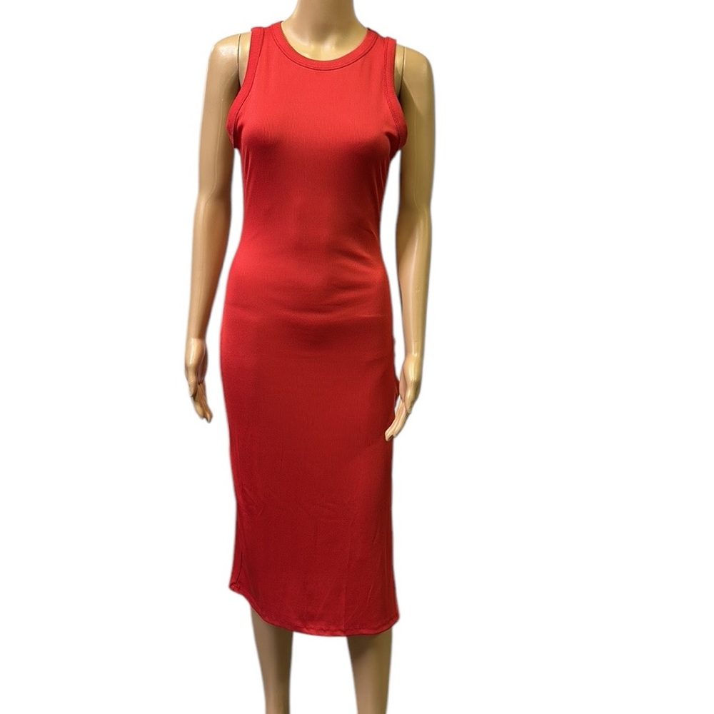 Haute Monde Red Ribbed Sleeveless Side Slit Midi Bodycon Tank Dress Womens Small
